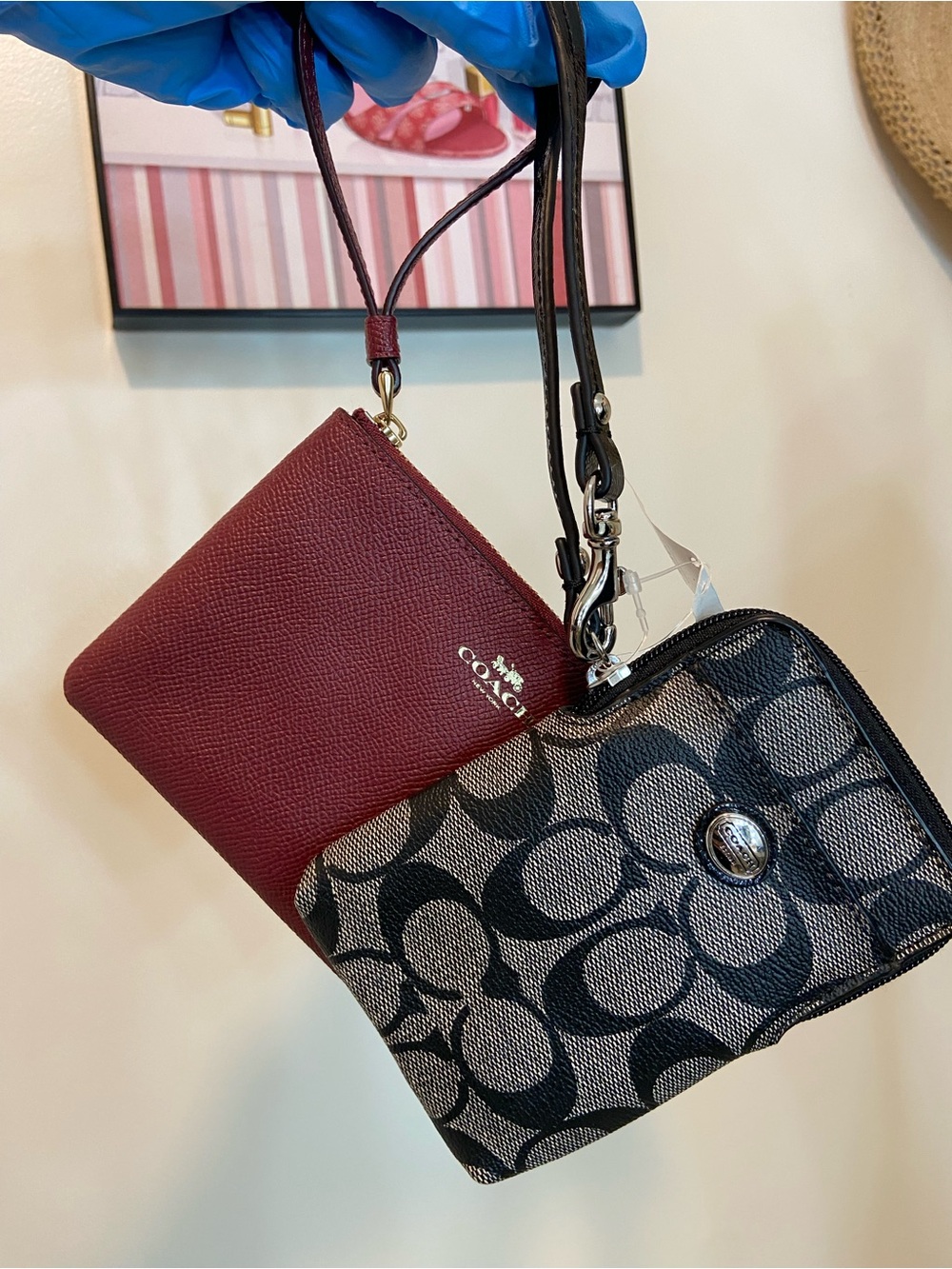 Coach Burgundy Leather Card Case & Signature Canvas Wristlet Set